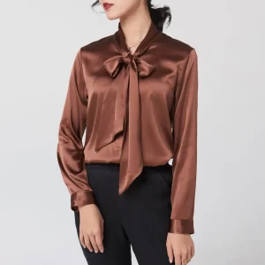 Heavyweight Mulberry Silk Shirt Women's 2025 Spring And Autumn New Long Sleeve Satin Silk Blouse V-neck Bow Ribbon Shirt