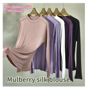 Women's Double-Sided Knitted Mulberry Silk Long-Sleeved Round Neck High Strecth Bottoming Shirt,30% Mulberry Silk +70% Vicose