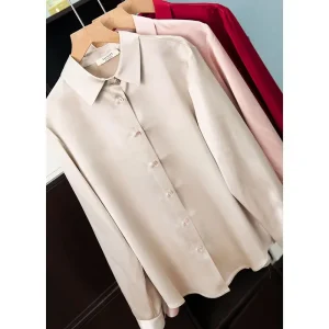 Women's French Style High Quality 40 MM Heavy Office Lady Solid Satin Silk Long Sleeve Shirt Ladies' Blouse