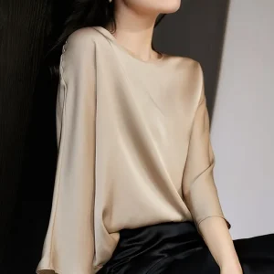 Goddess Sense Early Autumn Women Silk Top Long Sleeve Top Smooth Elastic Satin Loose Double Sided Silkworm Women's Silk Shirt